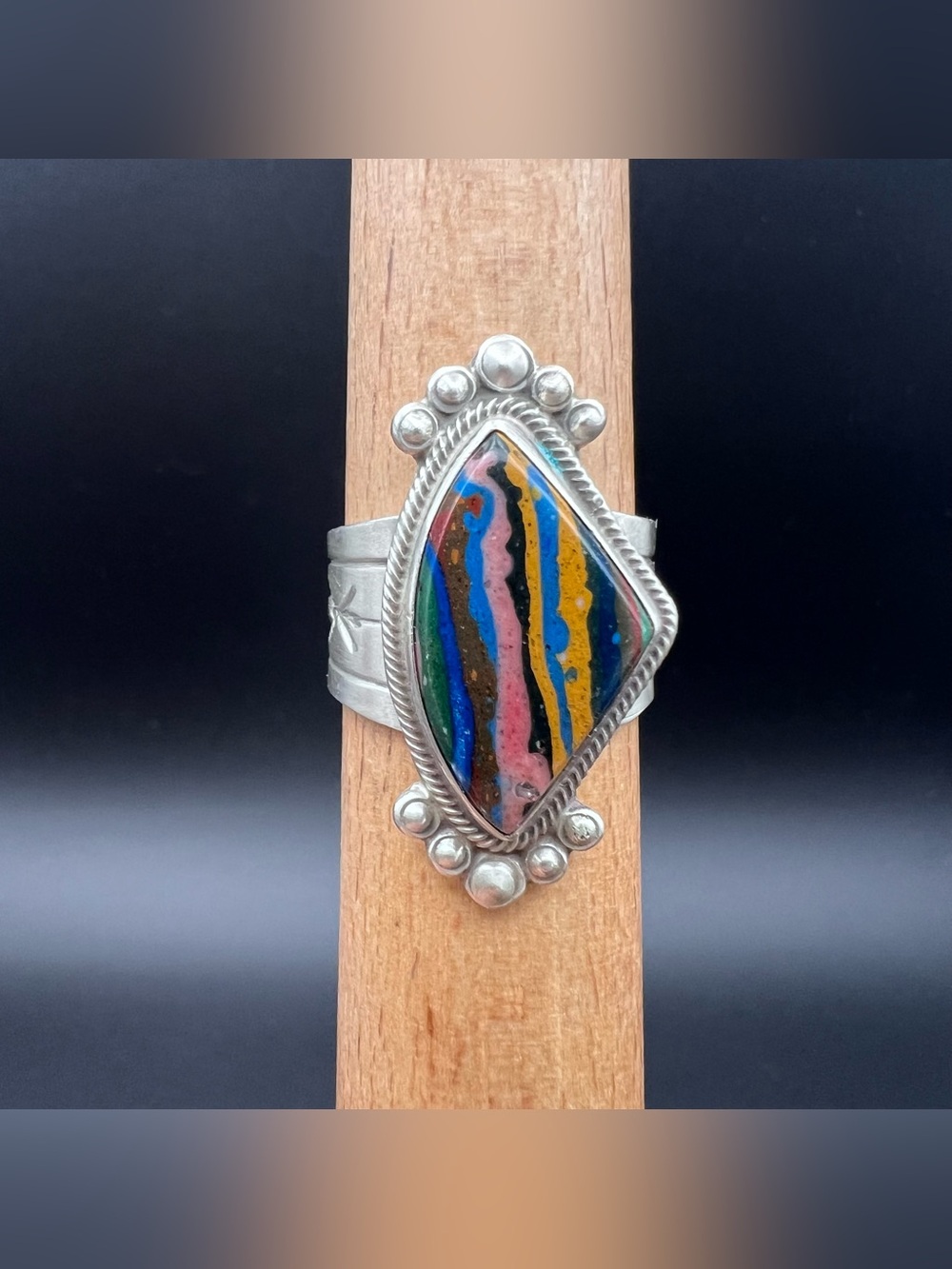Native American Rainbow Calsilica Ring by Running Bear
